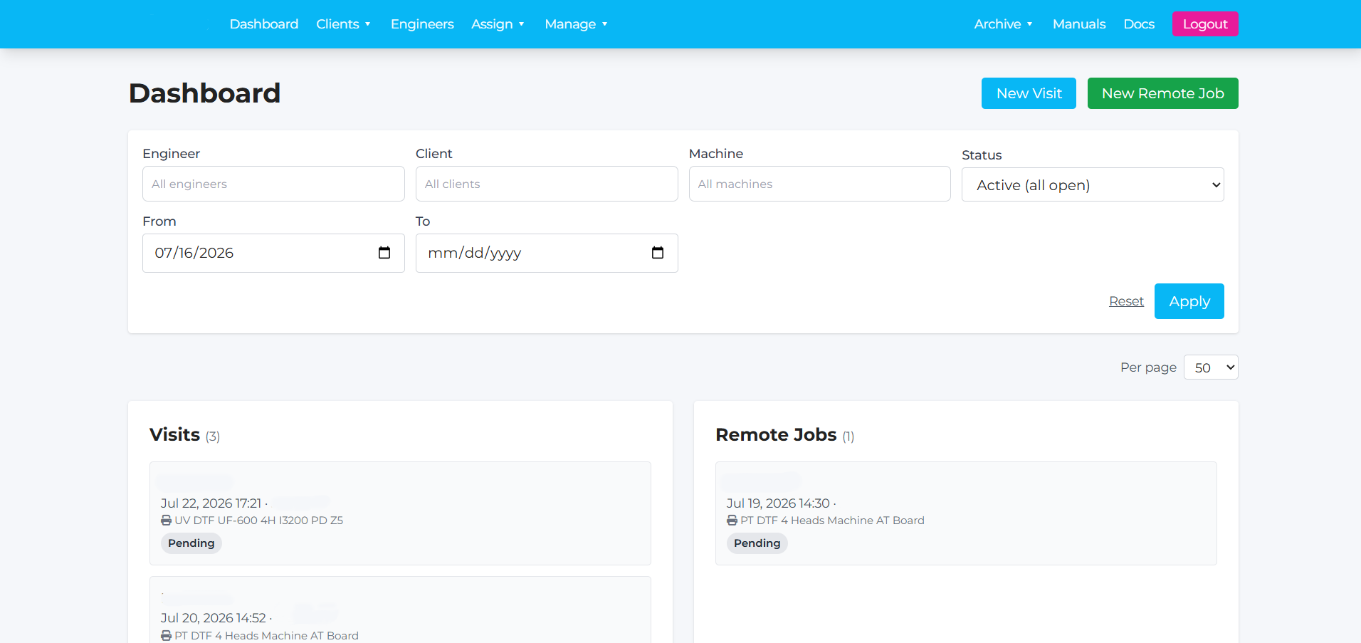 Printing Machinery field-operations dashboard showing visits, remote jobs, and filters