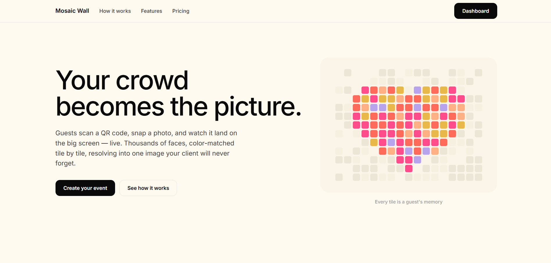 Mosaic Wall landing screen — guest photos resolving into a target image