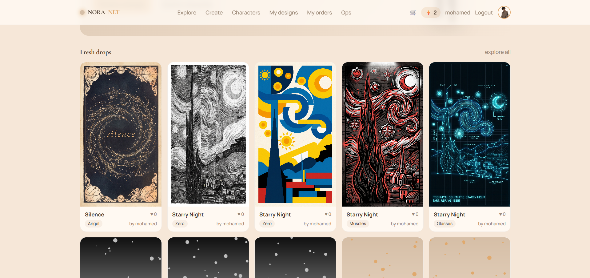 NORA Net design gallery of AI-generated phone-cover artwork